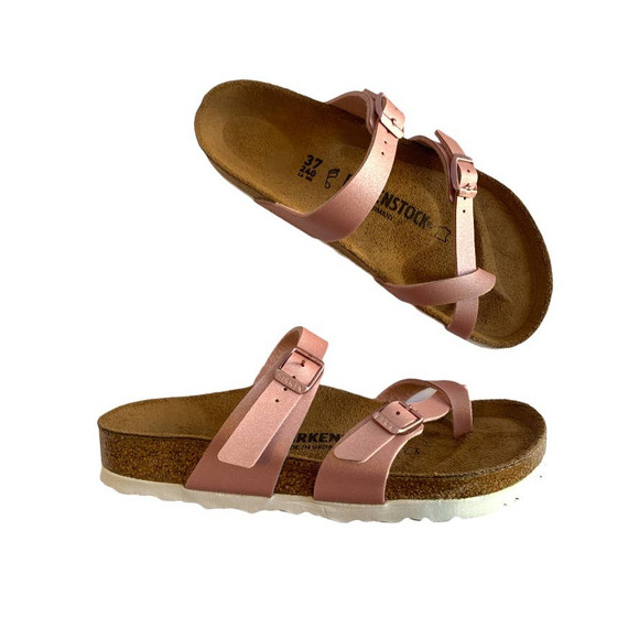 Birkenstock Shoes - Birkenstock Mayari Birko Flor Slide Thong Sandals Icy Metallic Old Rose Size 37